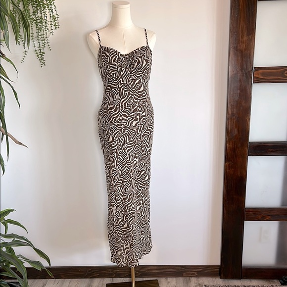 Abercrombie & Fitch Boho Tie Bust Maxi Dress – Brown Tan Patterned Lined / Sz S - Picture 1 of 7